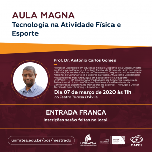 Aula Magna do PPG-DTI intitulada “Inovação e Tecnologia nas Atividades Físicas – Saúde e Esporte”, será no dia 7 de março