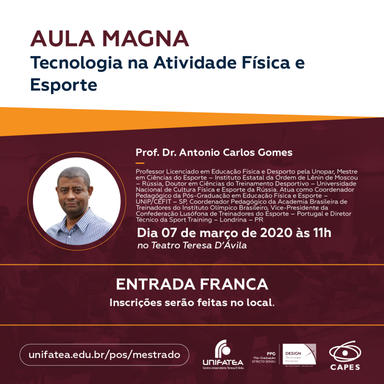 Aula Magna do PPG-DTI intitulada “Inovação e Tecnologia nas Atividades Físicas – Saúde e Esporte”, será no dia 7 de março