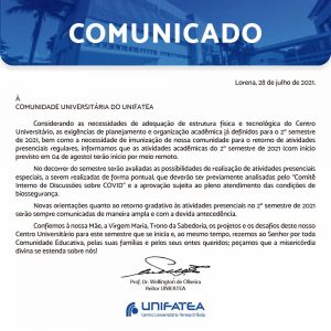 Comunicado sobre a retomada de volta às aulas 2° Semestre